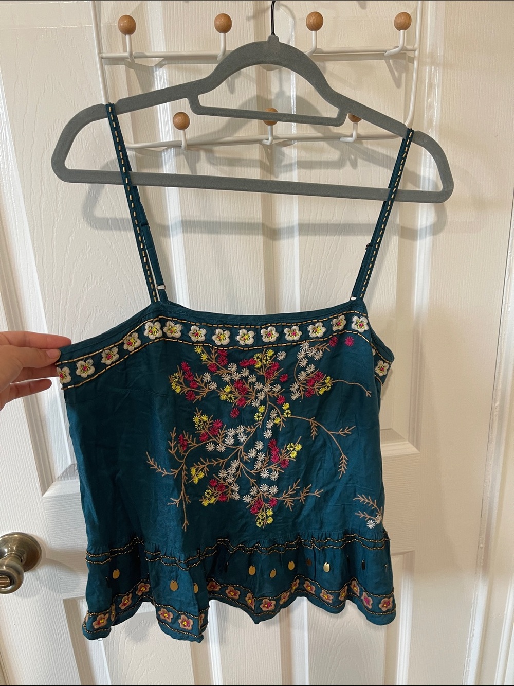Anthropologie Teal Floral Embroidered Spaghetti Strap Camisole